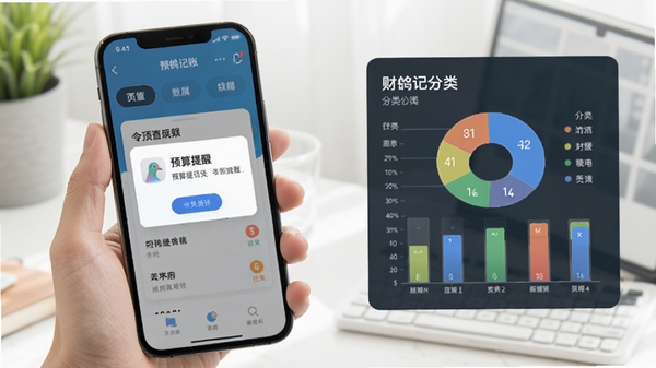 财鸽记账APP功能演示图,一只手拿着手机,屏幕显示预算提醒弹窗和分类图表,画面明亮清晰,体现便捷的移动端记账体验