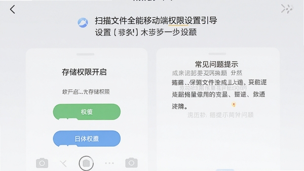 扫描文件全能移动端权限设置引导界面,展示相机、存储权限开启步骤和常见问题提示