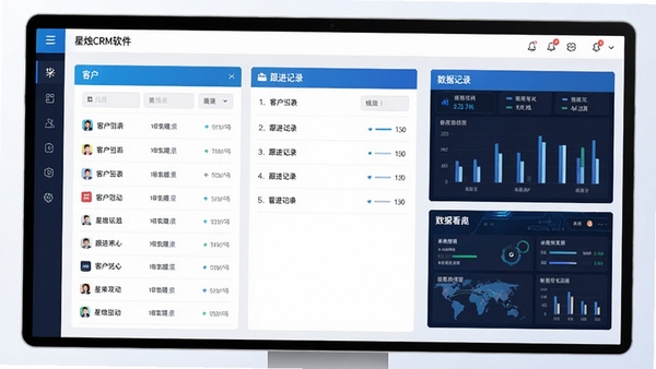 星烛CRM软件功能界面展示图,包含客户列表、跟进记录、数据看板等核心模块,风格简洁商务,配色以科技蓝和白色为主