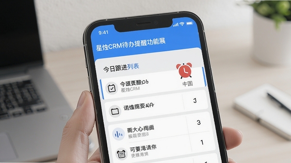 星烛CRM待办提醒功能展示,手机屏幕上显示今日跟进列表与闹钟图标,简洁直观