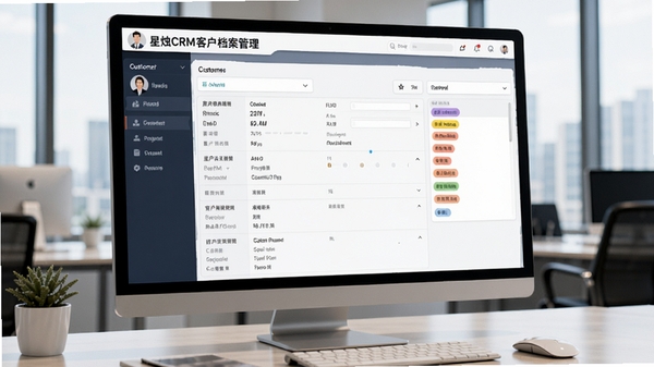 星烛CRM客户档案管理界面,展示客户详细信息与标签分类,AI生图风格,商务办公场景