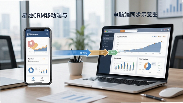 星烛CRM移动端与电脑端同步示意图,展示手机与笔记本电脑数据互通,商务办公场景
