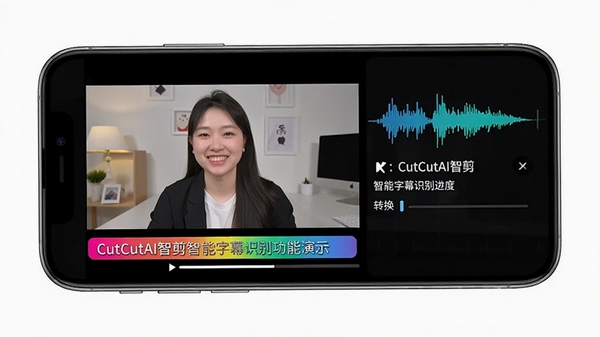 CutCutAI智剪智能字幕识别功能演示,手机屏幕中视频画面下方自动生成彩色字幕条,旁边显示语音波形与文字转换进度