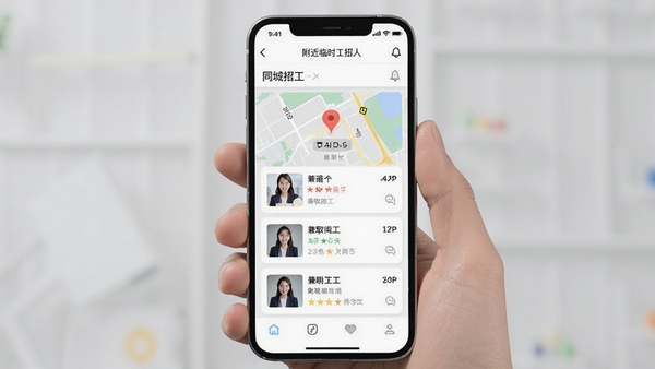 附近临时工招人软件界面展示同城招工信息列表,手机屏幕显示地图定位与兼职岗位,现代简约UI风格