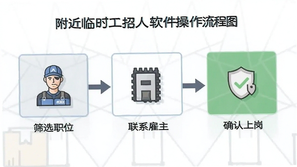附近临时工招人软件操作流程图,展示筛选职位、联系雇主、确认上岗的步骤示意