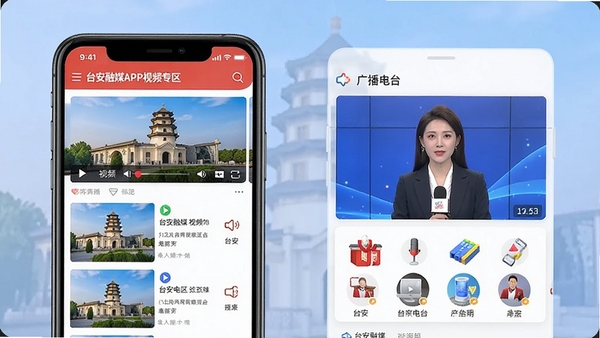 台安融媒APP视频专区与广播直播界面展示,手机屏幕中呈现视频播放列表和广播电台选择界面,画面中有台安地标建筑和主持人画面,突出视听功能的丰富性
