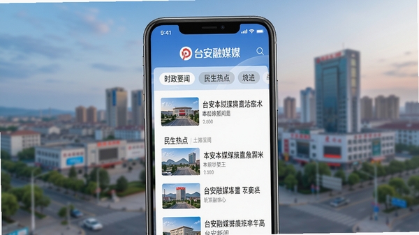 台安融媒APP首页新闻资讯界面展示,手机屏幕中呈现台安本地新闻列表,包含时政要闻、民生热点等分类标签,界面清爽简洁,背景为台安城市风貌虚化图,突出台安融媒品牌标识