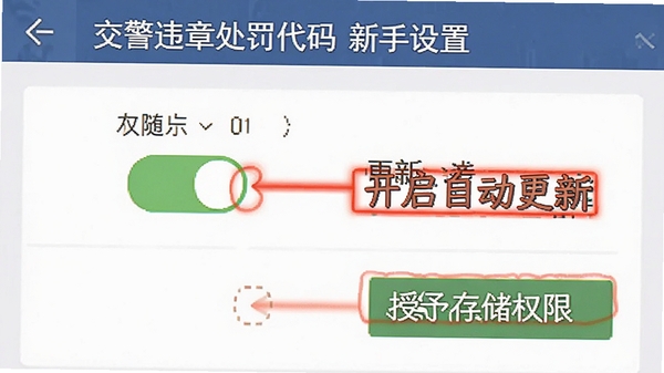 交警违章处罚代码新手设置界面截图,显示权限开关和更新按钮,配有文字标注“开启自动更新”和“授予存储权限”
