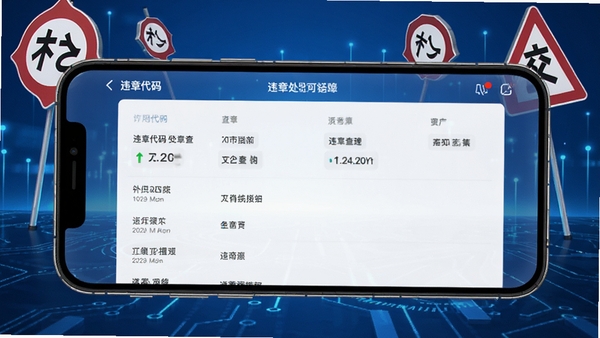 交警违章处罚代码软件界面展示,手机屏幕显示违章代码查询结果,蓝色科技风背景,包含交通标志元素,高清UI设计图