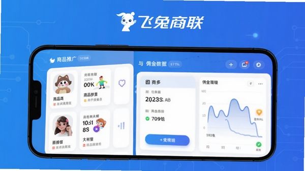 飞兔商联APP主界面展示,手机屏幕中呈现商品推广列表与佣金数据看板,背景为科技蓝渐变,突出飞兔商联品牌标识,整体风格简洁商务,适合下载站配图