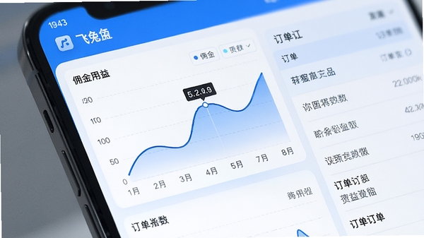 飞兔商联收益数据看板界面,展示佣金曲线图与订单列表,手机屏幕特写,数据可视化风格,色调以蓝白为主,突出专业感