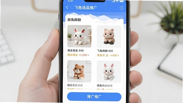 飞兔商联一键选品推广功能界面,展示商品列表与推广按钮,手机UI设计风格,清晰呈现佣金比例与商品缩略图,画面明亮简洁