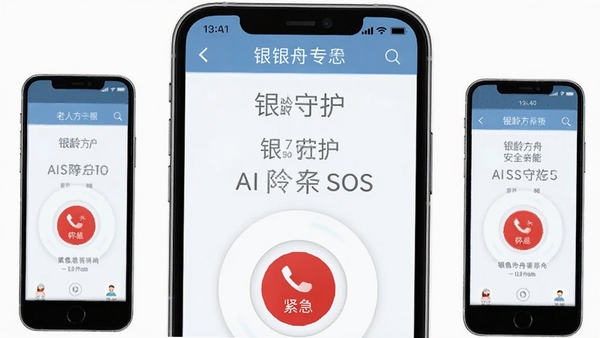 银龄方舟安全守护SOS功能示意图,老人手机界面显示紧急呼叫按钮,AI生成