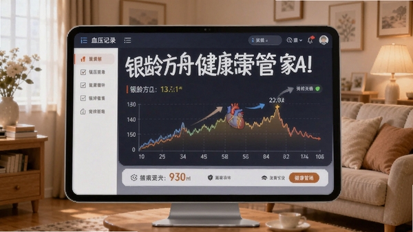 银龄方舟健康管家功能界面展示,大字体显示血压记录图表,背景温馨居家环境,AI生成