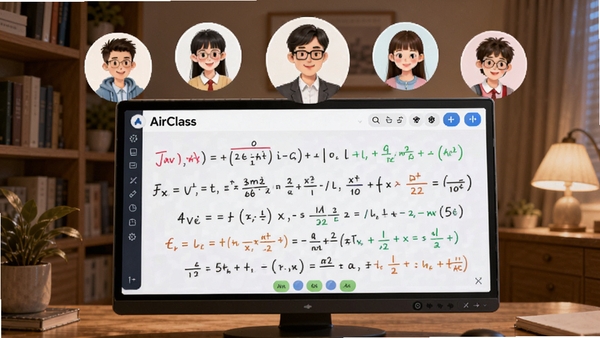 AI����һ��չʾAirClass���������װ幦�ܵĳ���ͼ����������ʦ��ѧ����ͷ����������Ļ�Ϸ�����Ļ������д����ʽ�Ĳ�ɫ���Ӱװ壬��������ܰ���鷿�������Ƽ����������Χ�ں�