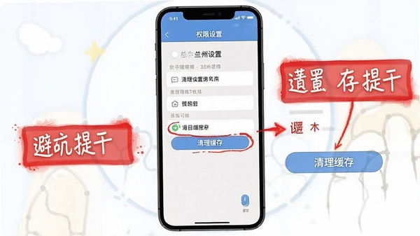 数字兰州APP手机操作示意图,展示权限设置界面与清理缓存按钮位置,标注红色避坑提示