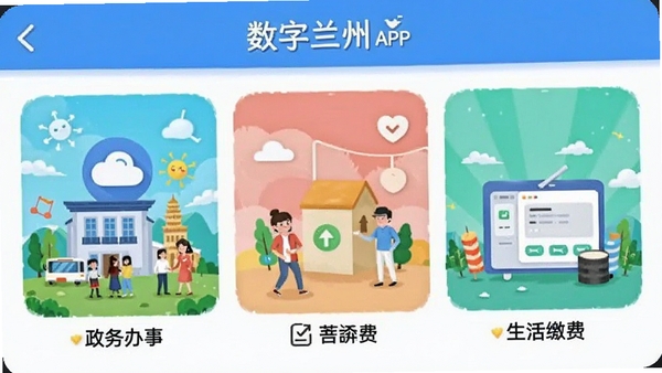 数字兰州APP功能界面截图风格插画,展示政务办事、生活缴费、资讯浏览三大模块的图标化场景,色彩明快