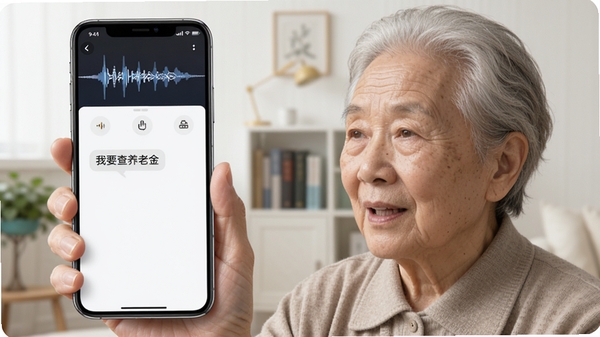 河南政务长者版语音搜索功能演示图,一位老人对着手机说话,屏幕显示语音波形和识别出的文字“我要查养老金”