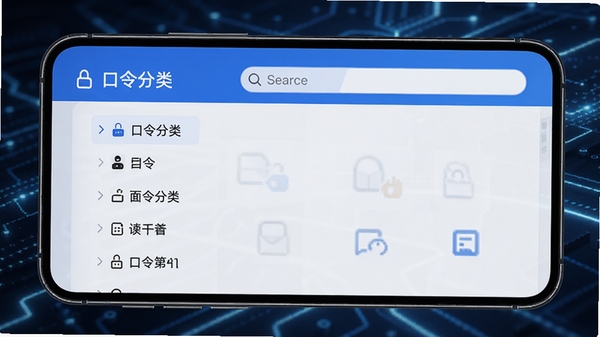 口令知道软件主界面展示,手机屏幕中呈现清晰的口令分类列表与搜索框,界面简洁现代,以蓝白配色为主,突出便捷管理口令的核心功能,背景带有科技感光效
