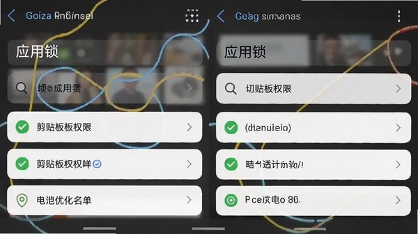 口令知道软件在手机上的权限设置界面截图,展示应用锁、剪贴板权限、电池优化白名单等选项,帮助用户正确配置软件权限