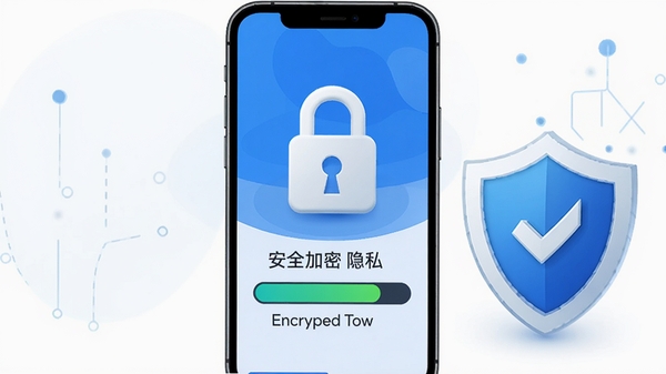 口令知道软件的安全加密功能示意图,手机屏幕显示锁形图标与加密进度条,强调本地存储与隐私保护,画面带有盾牌元素