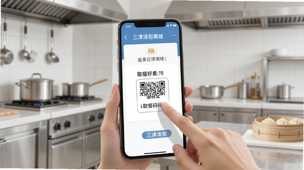 三津汤包商城应用在手机屏幕上运行流畅,用户正在点击取餐码,背景为整洁的厨房环境