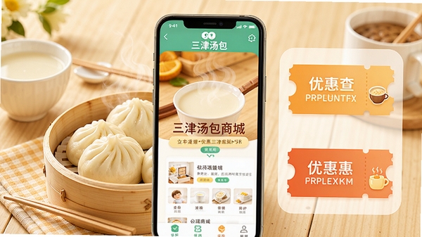 三津汤包商城手机应用界面展示,包含热气腾腾的包子、豆浆和优惠券图标,温馨早餐场景,明亮色调