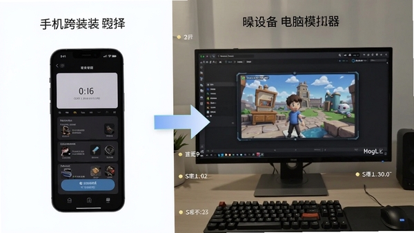 翻译哒在手机和电脑模拟器上的使用对比图,左侧为手机安装界面,右侧为电脑模拟器运行界面,中间用箭头连接,突出跨设备使用的便捷性,画面带有操作步骤提示,风格简洁明了
