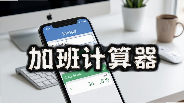 加班计算器软件界面展示,手机屏幕上显示工时输入框与薪资计算结果,背景为简洁办公桌面,突出加班计算器字样