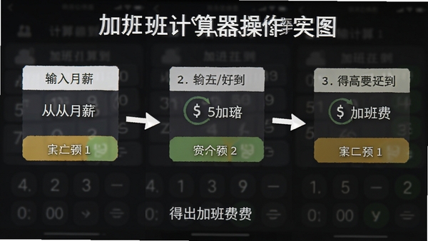 加班计算器操作步骤示意图,展示从输入月薪到得出加班费的完整流程,手机界面清晰标注每一步操作