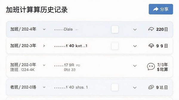 加班计算器历史记录页面截图,展示多条按日期排列的加班计算结果,界面干净整洁,带有分享按钮