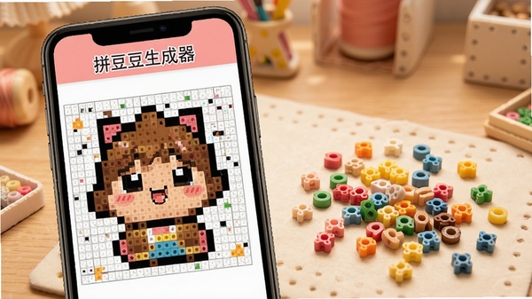 拼豆豆生成器手机界面展示,一张可爱卡通图案被转换成彩色像素网格图纸,旁边散落着五颜六色的拼豆豆,温馨手工桌面场景,软件名称拼豆豆生成器清晰可见