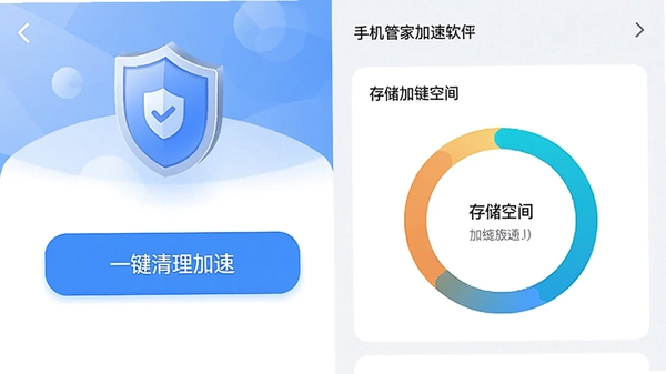 手机管家安全清理软件主界面截图,展示一键清理加速按钮和存储空间环形图,背景干净现代,突出安全盾牌图标