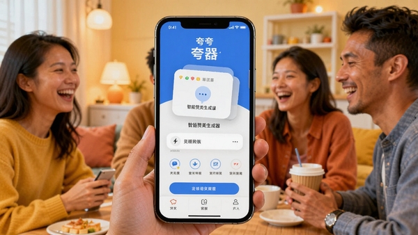 夸夸赞软件主界面展示,手机屏幕显示智能赞美生成器,背景温馨社交场景,色彩明亮活泼