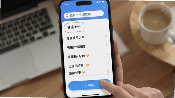夸夸赞软件操作流程图,手机界面显示搜索框输入生日祝福,下方列出多条文案,手指点击复制按钮