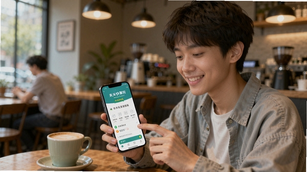 来米快兼职AI生图提示词,画面中一位年轻人坐在咖啡厅里用手机浏览来米快兼职APP,屏幕上显示任务完成和赏金到账通知,氛围轻松愉快