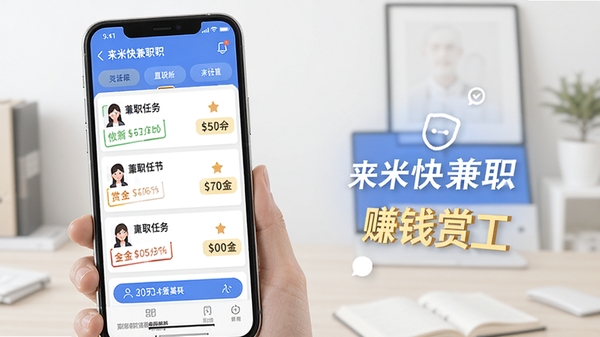 来米快兼职软件界面截图展示,手机上显示着各种兼职任务列表和赏金金额,背景明亮简洁,突出灵活用工和赚钱氛围