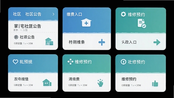 掌上宅便民信息聚合页面AI生图,展示手机屏幕中社区公告、缴费入口、维修预约卡片整齐排列,简洁扁平化设计,蓝绿色调