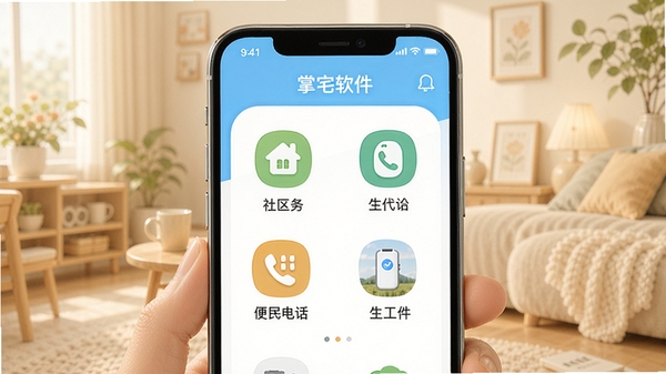 掌上宅软件主界面展示,清爽的居家生活风格,包含社区服务、便民电话、生活工具等图标,手机屏幕展示,温馨明亮色调,高清UI设计图