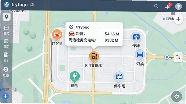 trytogo周边服务检索功能展示,地图上标注加油站、充电桩、停车场图标,弹出卡片显示距离和价格信息