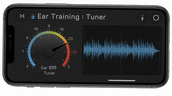 Ear Training Tuner调音器功能界面,手机屏幕显示音名、音分偏差指针与实时波形,背景为深色专业音频风格,标注Ear Training Tuner