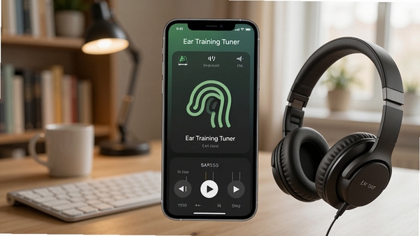 Ear Training Tuner移动端使用场景示意图,展示手机屏幕上的练耳界面与耳机搭配使用,背景为安静的学习环境,突出软件名称Ear Training Tuner