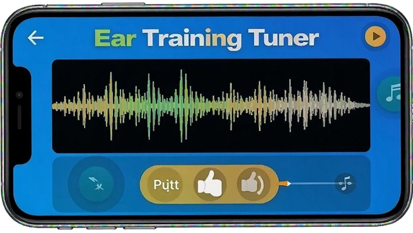 Ear Training Tuner节奏模唱训练界面,手机屏幕显示节奏波形与拍击按钮,界面色彩明快,带有Ear Training Tuner品牌元素