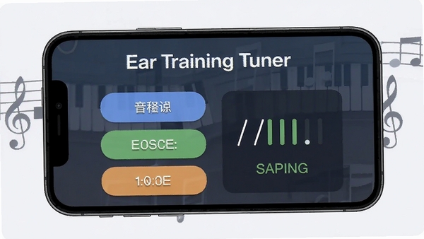 Ear Training Tuner音程辨识训练界面,手机屏幕显示音程选择按钮与即时评分反馈,背景为简约音乐风格,突出软件名称Ear Training Tuner