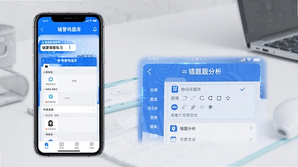 辅警鸣题库APP界面展示,手机屏幕中呈现题库练习与错题分析页面,蓝色科技风格