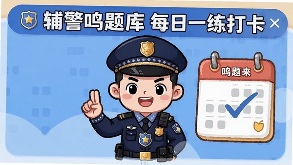 辅警鸣题库每日一练打卡界面,卡通警察形象与日历打卡元素结合
