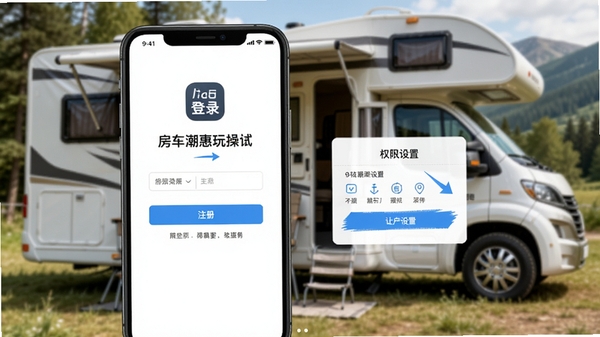 房车潮惠玩App新手操作界面截图,展示注册登录页面和权限设置弹窗,手机屏幕清晰,背景为户外房车场景,突出操作引导步骤
