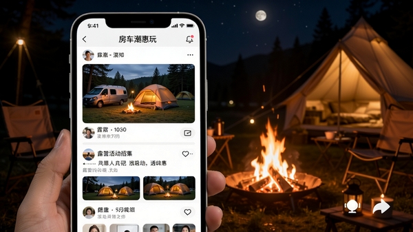 AI生图提示词:展示“房车潮惠玩”App的露营活动社群界面,手机屏幕中有车友发布的露营照片和活动召集帖,界面温馨活跃,背景为夜晚露营篝火场景,突出社交互动氛围