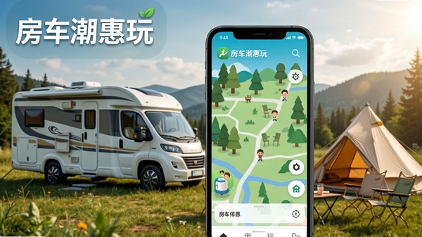 房车潮惠玩App首页展示图,手机屏幕中呈现房车营地地图界面,背景为户外露营场景,有房车和帐篷,色调清新自然,突出软件名称“房车潮惠玩”