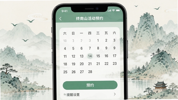 终南山app活动预约页面,手机屏幕显示预约日历与提醒设置,背景为淡雅山水插画,简洁明快